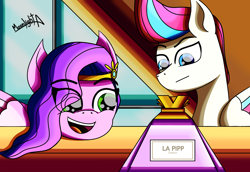 Size: 2900x2000 | Tagged: safe, artist:moonlightatlm, pipp petals, zipp storm, pegasus, pony, g5, duo, female, high res, open mouth, parfum la pipp, perfume