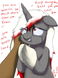 Size: 2048x2732 | Tagged: safe, artist:tenshilovedragon, oc, oc:rose glow, human, 2022, crying, dialogue, gray coat, hand on cheek, high res, red eyes, smiling, unshorn fetlocks, white and red mane, wholesome