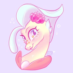 Size: 2224x2224 | Tagged: safe, artist:erieillustrates, princess skystar, pony, seapony (g4), g4, my little pony: the movie, blue background, blue eyes, blue mane, bubble, bust, cute, female, flower, flower in hair, flowing mane, freckles, high res, jewelry, looking at you, necklace, ocean, pastel, pearl necklace, shell, simple background, skyabetes, smiling, solo, underwater, water