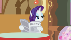 Size: 1280x720 | Tagged: safe, screencap, rarity, pony, unicorn, g4, ponyville confidential, season 2, female, foal free press, hub logo, hubble, implied facepalm, lidded eyes, looking at something, mare, newspaper, rarity is not amused, reaction image, solo, stare, sugarcube corner, unamused