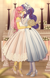 Size: 2900x4500 | Tagged: safe, artist:lucy-tan, fluttershy, rarity, equestria girls, alternate hairstyle, beautiful, blushing, bracelet, bride, clothes, commission, cute, dress, duo, ear piercing, earring, eyes closed, eyeshadow, female, flarity, flower, french kiss, gloves, high heels, hug, jewelry, kissing, lesbian, lipstick, makeup, marriage, piercing, raribetes, shipping, shoes, shyabetes, wedding, wedding dress, wedding veil