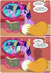 Size: 1858x2646 | Tagged: safe, artist:badumsquish, derpibooru exclusive, twilight sparkle, oc, alicorn, fox, fox pony, hybrid, kitsune, kitsune pony, monster pony, original species, pony, 2 panel comic, book, comic, cursed, dialogue, dreamworks face, dresser, duo, evil grin, eyes closed, eyes on the prize, eyeshadow, famous last words, female, folded wings, fox ears, fox tail, golden oaks library, grin, heart, looking at you, magic, makeup, mare, mirror, open mouth, open smile, possessed, possession, raised eyebrow, red eyes, red eyeshadow, reflection, shadow, sharp teeth, show accurate, sitting, smiling, smirk, smug, solo, species swap, tail, tail wag, talking, talking to viewer, teeth, telekinesis, tempting fate, transformation, twi-fox, twilight sparkle (alicorn), wings, yellow eyes