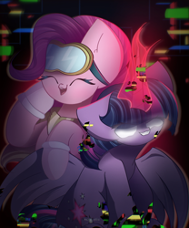 Size: 2000x2400 | Tagged: safe, artist:miryelis, pinkie pie, twilight sparkle, alicorn, earth pony, pony, g4, clothes, corrupted, crossover, duo, dusk till dawn, error, evil smile, female, friday night funkin', glasses, glitch, grin, high res, magic, mare, pibby, smiling, twilight sparkle (alicorn), wings