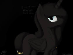 Size: 2732x2048 | Tagged: safe, artist:tenshilovedragon, oc, oc:vanta, alicorn, pony, alicorn oc, black background, black coat, black mane, black tail, blue eyes, dialogue, gold rings, high res, horn, looking at you, side view, simple background, tail, wings