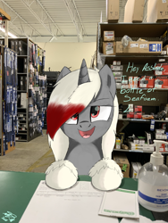 Size: 3024x4032 | Tagged: safe, artist:tenshilovedragon, oc, oc:rose glow, pony, dialogue, irl, looking at you, photo, red eyes, smug, unshorn fetlocks