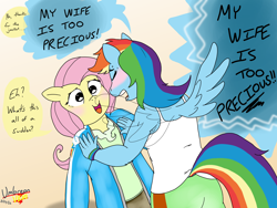 Size: 2016x1512 | Tagged: safe, artist:umbreonvevo, fluttershy, rainbow dash, pegasus, anthro, g4, comic, cute, female, lesbian, ship:flutterdash, shipping, shyabetes