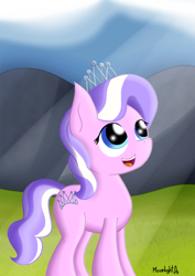 Size: 1000x1414 | Tagged: safe, artist:moonlightatlm, diamond tiara, earth pony, pony, g4, cute, diamondbetes, female, filly, foal, happy, looking up, open mouth, open smile, smiling, solo