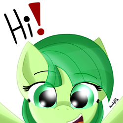 Size: 1400x1400 | Tagged: safe, artist:moonlightatlm, oc, oc only, oc:midori melon, pony, cute, exclamation point, female, open mouth, simple background, solo, white background