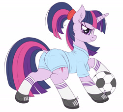 Size: 2400x2200 | Tagged: safe, artist:anonymous, twilight sparkle, pony, unicorn, g4, alternate hairstyle, ball, butt, clothes, female, football, high res, mare, plot, ponytail, shoes, simple background, solo, sports, unicorn twilight, white background