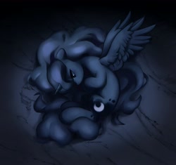 Size: 4096x3851 | Tagged: safe, artist:cherrnichka, princess luna, alicorn, pony, g4, curled up, female, fetal position, high res, mare, profile, sad, solo, spread wings, wings