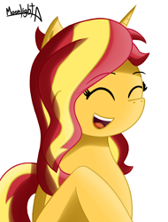 Size: 1280x1683 | Tagged: safe, artist:moonlightatlm, sunset shimmer, pony, unicorn, g4, eyes closed, female, mare, open mouth, simple background, solo, white background