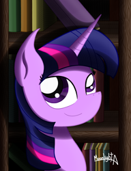 Size: 1596x2079 | Tagged: safe, artist:moonlightatlm, twilight sparkle, pony, unicorn, g4, book, bookshelf, bust, female, mare, signature, smiling, solo