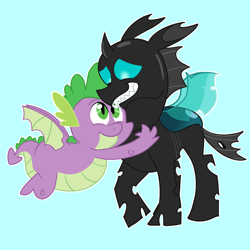 Size: 3000x3000 | Tagged: safe, artist:wulfums, spike, thorax, changeling, dragon, g4, best friends, commission, fat, fat spike, flying, friends, happy, high res, hug, male, smiling, winged spike, wings