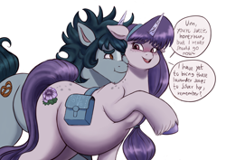 Size: 2995x2124 | Tagged: safe, artist:sallylla, oc, oc only, oc:mallow mist, oc:mighty spruce, pony, unicorn, g5, my little pony: a new generation, bag, bangs, belly, big belly, blaze (coat marking), blushing, butt freckles, cheek rub, cheek squish, coat markings, couple, cuddling, dialogue, duo, eyebrows, facial markings, female, floppy ears, freckles, hairband, high res, hooves, implied alphabittle blossomforth, looking at each other, looking at someone, male, mare, mother, neck hug, neck nuzzle, nuzzling, open mouth, open smile, pregnant, raised hoof, saddle bag, shipping, simple background, smiling, snuggling, speech bubble, squishy cheeks, stallion, standing, straight, tail, teeth, text, touching face, unshorn fetlocks, white background