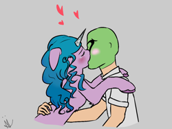 Size: 1024x768 | Tagged: safe, artist:neonnaisedraws, izzy moonbow, oc, oc:anon, human, pony, unicorn, g5, my little pony: a new generation, blushing, cute, duo, female, first kiss, gray background, heart, human and pony, izzybetes, kiss on the lips, kissing, male, mare, romance, simple background, straight, wholesome