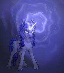 Size: 3200x3600 | Tagged: safe, artist:stardustspix, oc, oc:coral eve, pony, unicorn, fallout equestria, fallout equestria: murky number seven, angry, ear fluff, fanfic art, glowing, glowing eyes, glowing horn, high res, horn, magic, magic aura, solo, unshorn fetlocks