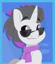 Size: 1200x1400 | Tagged: safe, artist:modularpon, oc, oc only, oc:haze rad, pony, unicorn, accessory, animated, blinking, bust, clothes, commissioner:biohazard, cute, ear flick, eyebrows, floating eyebrows, gif, glasses, grin, head tilt, highlights, horn, looking at you, loop, male, ocbetes, one eye closed, palindrome get, perfect loop, purple eyes, scarf, simple background, smiling, solo, stallion, sunglasses, two toned mane, unicorn oc, wink, winking at you