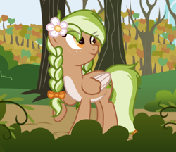 Size: 782x676 | Tagged: safe, artist:cstrawberrymilk, oc, oc only, oc:sylvia evergreen, pegasus, pony, g4, braided pigtails, female, flower, flower in hair, freckles, hair tie, mare, pale belly, pegasus oc, show accurate, solo, wings