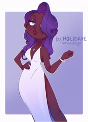 Size: 2168x2989 | Tagged: safe, artist:holidaye, rarity, human, g4, absolute cleavage, bare shoulders, bracelet, breasts, cleavage, clothes, dark skin, dress, ear piercing, earring, female, hair over one eye, high res, humanized, jewelry, necklace, piercing, side slit, sleeveless, solo, total sideslit, white dress