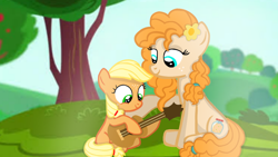 Size: 1280x720 | Tagged: safe, artist:mlplary6, applejack, pear butter, earth pony, pony, g4, cute, female, filly, filly applejack, foal, guitar, jackabetes, mare, musical instrument, pearabetes, smiling, younger