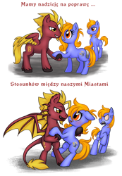 Size: 794x1150 | Tagged: safe, artist:pingwinowa, oc, oc only, oc:prince baltic, oc:princess pomerania, earth pony, pegasus, pony, angry, bat wings, colored wings, leonine tail, poland, polish, simple background, tail, translated in the comments, transparent background, two toned wings, wings