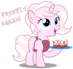 Size: 3260x3090 | Tagged: safe, artist:strategypony, oc, oc only, oc:marshmallow fluff, pony, unicorn, apron, clothes, cupcake, cute, dialogue, female, filly, foal, food, high res, horn, looking up, ocbetes, serving tray, simple background, text, transparent background, unicorn cupcake, unicorn oc