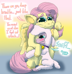 Size: 1132x1164 | Tagged: safe, artist:firefanatic, fluttershy, pom (tfh), lamb, pegasus, pony, sheep, them's fightin' herds, g4, comforting, community related, crying, dialogue, duo, female, fluffy, hug