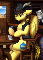 Size: 2550x3509 | Tagged: safe, artist:pridark, oc, oc only, oc:thunderbolt sentinel, pegasus, pony, alcohol, bar, bartender, bottle, chair, clothes, commission, drink, glass, hat, high res, male, pegasus oc, sitting, solo focus, stallion, table, tavern, vest, western