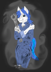 Size: 1110x1562 | Tagged: safe, artist:adhiguna, artist:johnathon-matthews, oc, oc:shifting gear, unicorn, anthro, clothes, deviantart watermark, grease, mechanic, mechanic overalls, obtrusive watermark, old art, overalls, signature, watermark, wrench