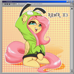 Size: 1500x1503 | Tagged: safe, artist:inkypuso, fluttershy, pegasus, pony, antonymph, clothes, derp astley, dialogue, ear piercing, earring, fluttgirshy, gir, hoodie, jewelry, microsoft, open mouth, open smile, piercing, rawr, rickroll, sitting, smiling, windows, x3