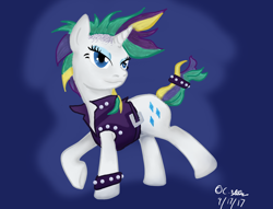 Size: 1024x781 | Tagged: safe, artist:adhiguna, artist:johnathon-matthews, rarity, pony, unicorn, g4, alternate hairstyle, bracelet, clothes, female, jewelry, mare, old art, punk, raripunk, signature, solo, vest