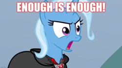 Size: 1280x720 | Tagged: safe, edit, edited screencap, screencap, trixie, pony, unicorn, g4, magic duel, alicorn amulet, cape, clothes, evil trixie, female, mare, open mouth, solo, text