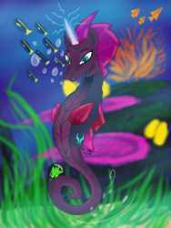 Size: 2121x2828 | Tagged: safe, artist:adhiguna, artist:johnathon-matthews, tempest shadow, fish, hippocampus, merpony, sea pony, seahorse, unicorn, g4, bubble, coral, crepuscular rays, dorsal fin, fin, fins, fish tail, flowing mane, high res, horn, kelp, ocean, old art, prosthetic horn, prosthetics, scales, seaponified, seapony tempest shadow, seaweed, shell, species swap, sunlight, swimming, tail, tempest gets her horn back, underwater, water