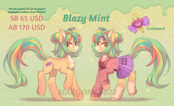 Size: 1804x1094 | Tagged: safe, artist:margony, oc, oc only, oc:blazy mint, earth pony, pony, adoptable, chest fluff, clothes, ear fluff, leg warmers, skirt, smiling, solo