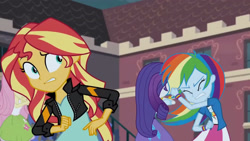 Size: 3410x1920 | Tagged: safe, screencap, fluttershy, rainbow dash, rarity, sunset shimmer, equestria girls, g4, my little pony equestria girls: friendship games, bracelet, canterlot high, clothes, cutie mark on clothes, eyes closed, female, high res, jacket, jewelry, leather, leather jacket