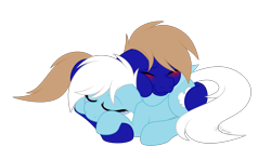 Size: 4262x2520 | Tagged: safe, artist:feather_bloom, oc, oc:blue_skies, oc:feather bloom(fb), oc:feather_bloom, earth pony, pegasus, pony, blushing, butt touch, couple, cuddling, cute, duo, earth pony oc, happy, holding each other, hoof on butt, in love, oc x oc, pegasus oc, shipping, simple background, sleeping, transparent background