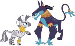 Size: 9172x5602 | Tagged: safe, artist:cloudyskie, artist:dashiesparkle, edit, ahuizotl, zecora, ahuizotl (species), pony, zebra, filli vanilli, g4, read it and weep, .svg available, absurd resolution, ahuizecora, crack shipping, female, interspecies, male, raised hoof, shipping, simple background, straight, transparent background, vector