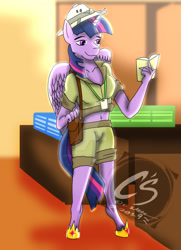 Size: 1024x1416 | Tagged: safe, artist:adhiguna, artist:johnathon-matthews, daring do, twilight sparkle, alicorn, anthro, g4, book, clothes, convention, costume, daring do costume, deviantart watermark, obtrusive watermark, old art, solo, twilight sparkle (alicorn), watermark