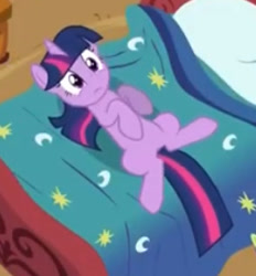 Size: 251x270 | Tagged: safe, screencap, twilight sparkle, pony, unicorn, g4, lesson zero, bed, cropped, golden oaks library, lying down, on back, on bed, solo, unicorn twilight