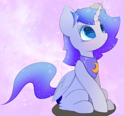 Size: 3200x3000 | Tagged: safe, artist:zokkili, princess luna, alicorn, pony, g4, cute, ethereal mane, female, filly, foal, high res, horn, lunabetes, sitting, solo, sparkly eyes, stars, wingding eyes, wings, woona, younger