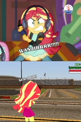 Size: 1526x2289 | Tagged: safe, edit, edited screencap, screencap, sunset shimmer, equestria girls, g4, game stream, my little pony equestria girls: better together, angry, chgb record, gamer sunset, grand theft auto, gta san andreas, indonesia, insanity, sunset shimmer frustrated at game, sunset shimmer is best facemaker, video game