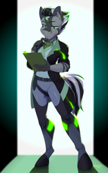Size: 2023x3241 | Tagged: source needed, safe, artist:hakkids2, oc, oc:helix, zebra, anthro, clothes, high res, lab coat, solo