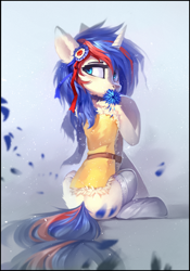 Size: 1944x2779 | Tagged: source needed, safe, artist:ramiras, oc, oc only, oc:relache, pony, unicorn, ear fluff, flower, flower in mouth, mouth hold, solo