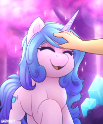 Size: 2000x2400 | Tagged: safe, artist:rivin177, part of a set, izzy moonbow, human, pony, unicorn, g5, bridlewood, commission, crystal, cute, eyes closed, hand, head pat, high res, hooves up, human on pony petting, izzybetes, lens flare, pat, patting, petting, smiling, sparkles, your character here