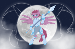 Size: 3334x2200 | Tagged: safe, artist:celysus, oc, oc:emberglow, pegasus, pony, fanfic:rekindled embers, armor, cloud, fanfic art, flying, high res, moon, signature, spear, stars, weapon