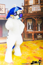 Size: 1330x2000 | Tagged: safe, artist:luna_b_, dj pon-3, vinyl scratch, human, g4, 2015, clothes, convention, convention:jmof, cosplay, costume, fursuit, irl, irl human, japan, name tag, no mouth, photo, pointing at you, ponysuit, solo, sunglasses, vinyl's glasses, wild west