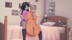 Size: 3840x2160 | Tagged: safe, artist:jalias3d, octavia melody, human, g4, 3d, bed, bedroom, boots, bow (instrument), breasts, busty octavia melody, cello, cello bow, clothes, dress, eared humanization, high res, humanized, koikatsu, musical instrument, pantyhose, shoes