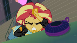 Size: 3410x1920 | Tagged: safe, screencap, sunset shimmer, equestria girls, g4, my little pony equestria girls: friendship games, canterlot high, clothes, eyes closed, female, high res, jacket, leather, leather jacket, magic capture device, solo