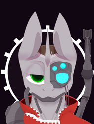 Size: 3200x4200 | Tagged: safe, artist:chapaevv, oc, oc only, oc:grey shore, cyborg, pony, unicorn, adeptus mechanicus, augmented, bust, commission, crossover, looking at you, male, portrait, solo, warhammer (game), warhammer 40k