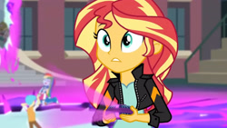 Size: 3410x1920 | Tagged: safe, screencap, rainbow dash, sunset shimmer, equestria girls, g4, my little pony equestria girls: friendship games, boots, canterlot high, clothes, cutie mark on clothes, dimensional cracks, eyes closed, female, high res, jacket, leather, leather jacket, magic capture device, male, open mouth, shoes